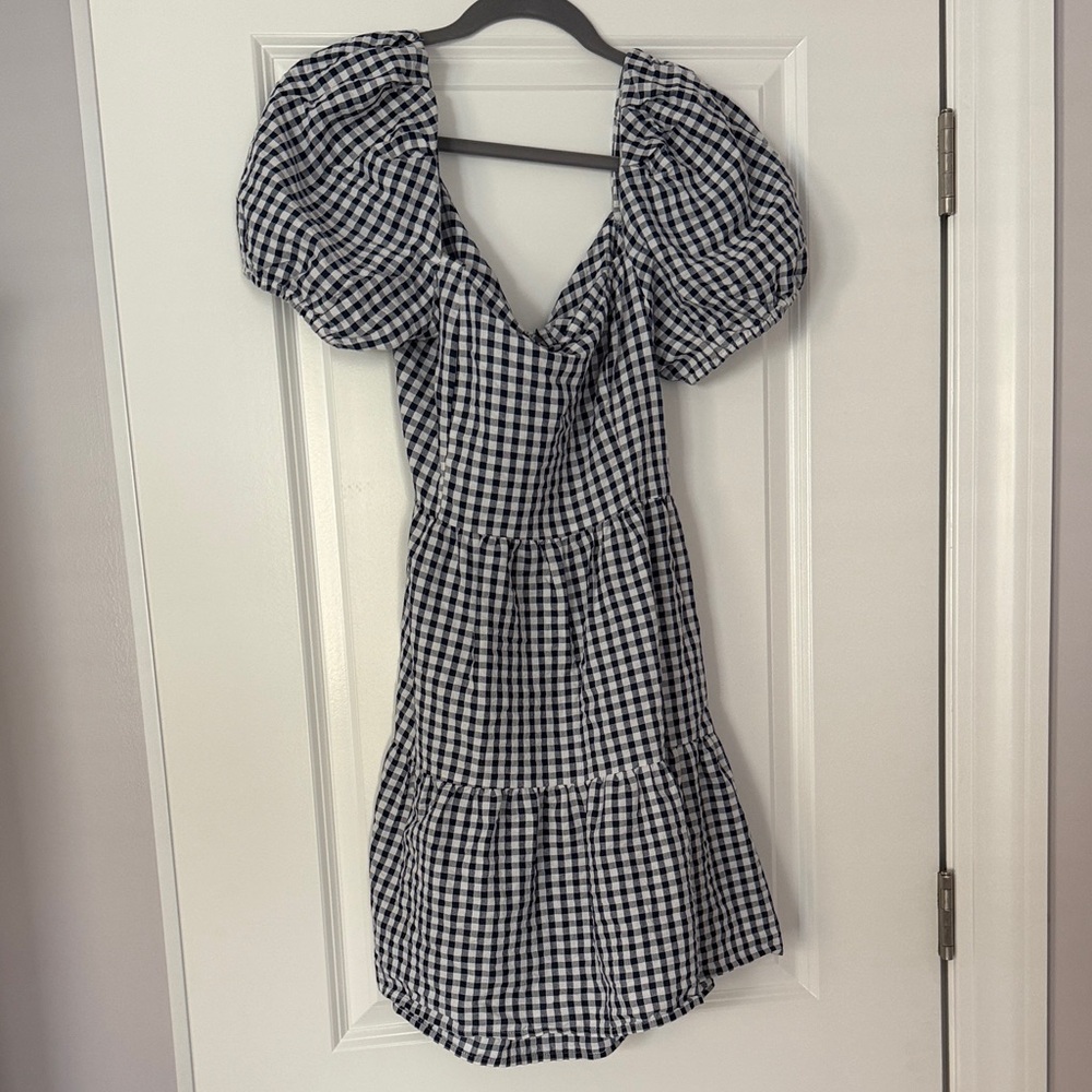 Chic Navy and White Checkered Puff Sleeve Mini Dress M